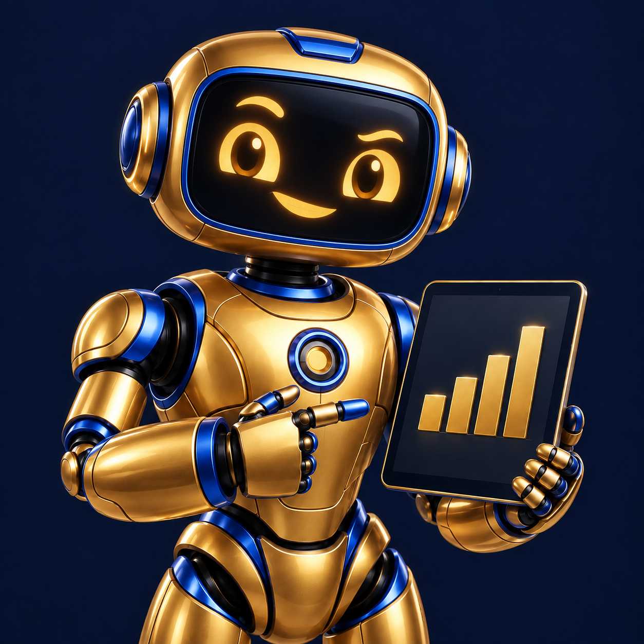 Scout, a gold and blue 3D progress robot